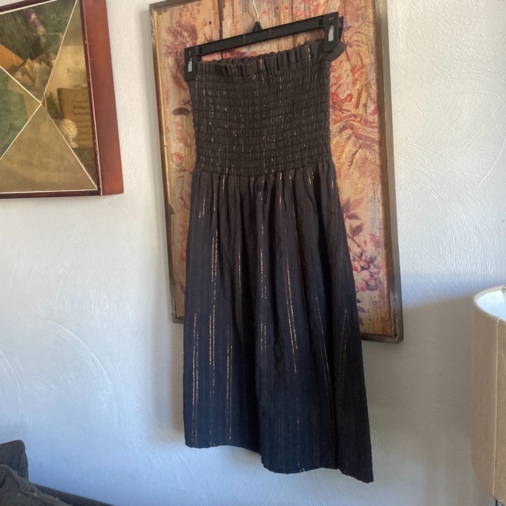 URBAN OUTFITTERS BABYDOLL DRESS BOHO BLACK GOLD STRAPLESS MINI DRESS COVERUP S M - Picture 8 of 10